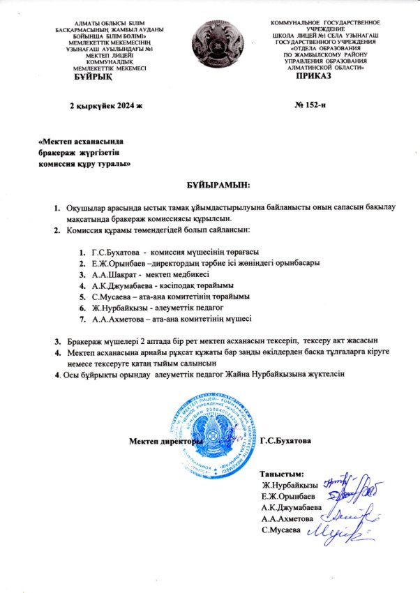 Мектеп асханасында бракераж жүргізетін комиссия құру туралы бұйрық