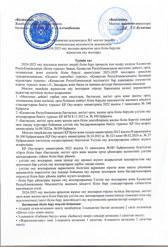2024-2025 оқу жылына арналған орта білім берудің жұмыстық оқу жоспары